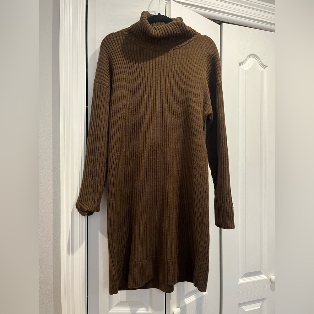 Brown Ribbed Knit Sweater Dress